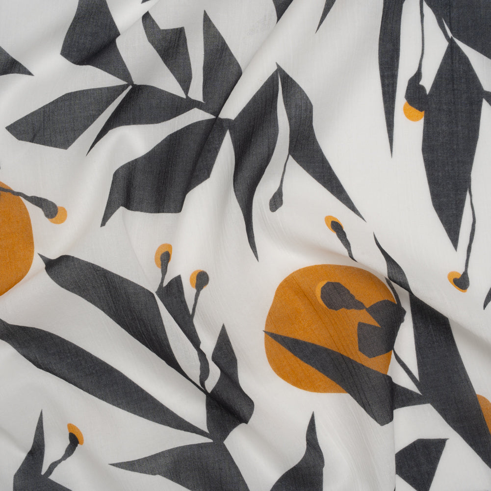 Crinkled Cotton Gauzy Woven - White, Charcoal Gray and Golden Orange Geometric Florals - Mood Exclusive Fractal Foliage Print - Joann Fabrics