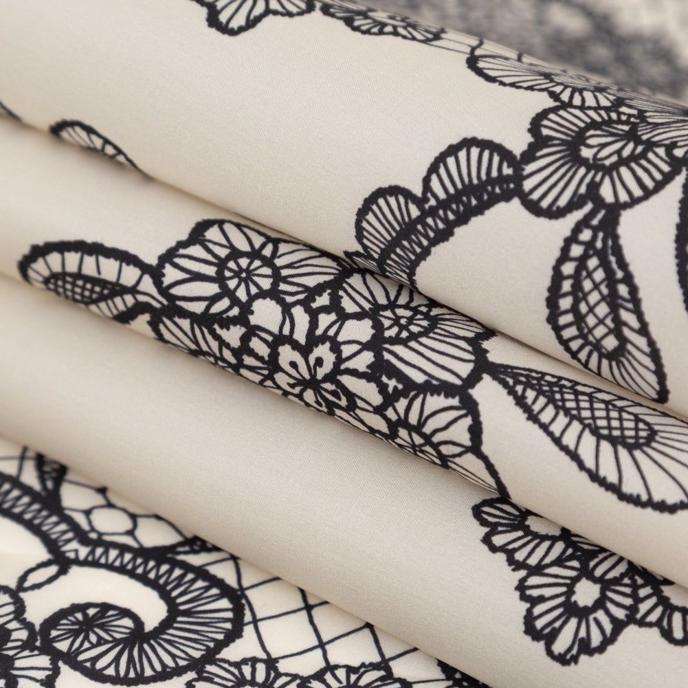 Mood Exclusive Italian Black on Putty Floral Lace Border Digitally Printed Silk Organza - Joann Fabrics