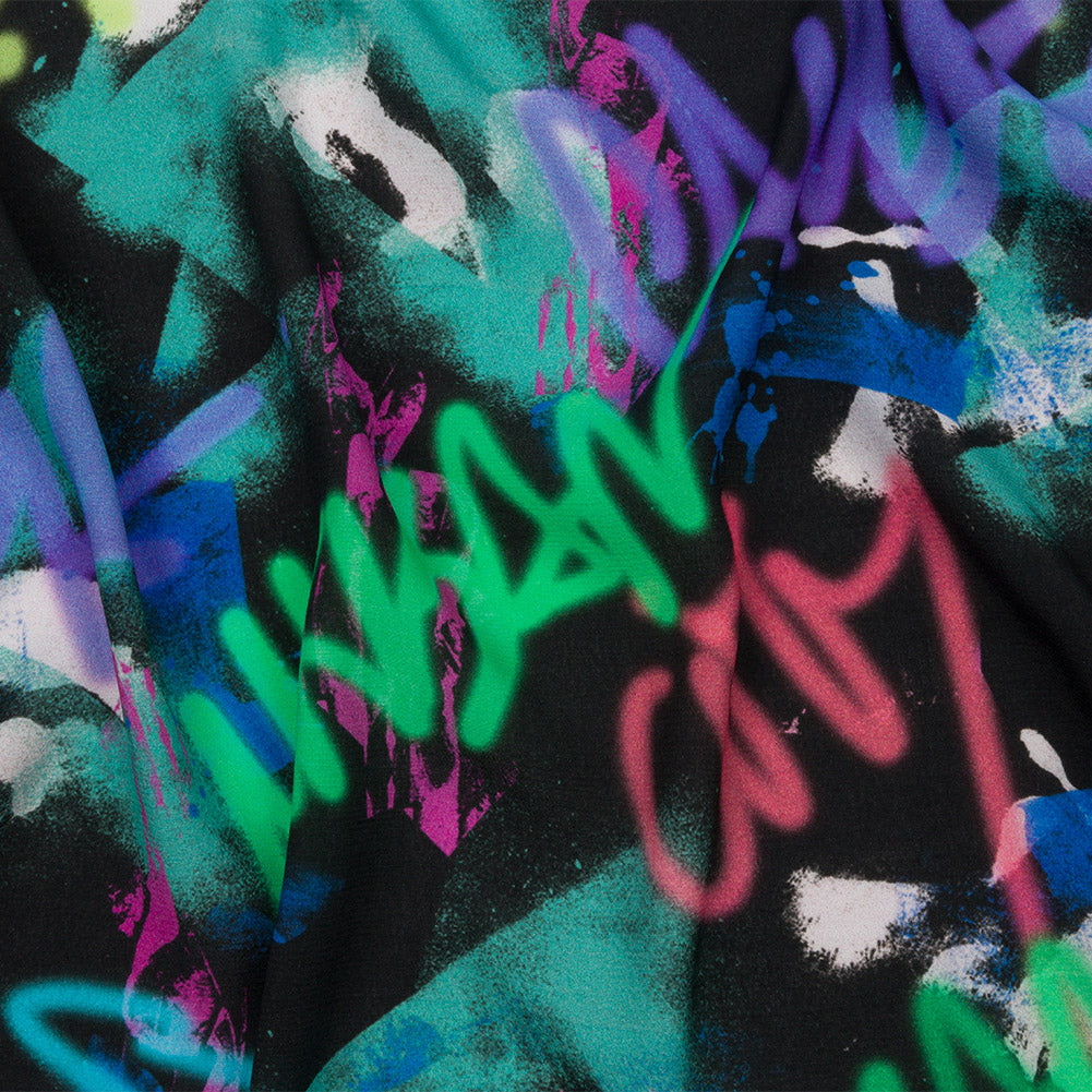 Sustainable Viscose Crepe Print - Black, Turquoise and Green Graffiti - Mood Exclusive Basquiat Beat - Joann Fabrics