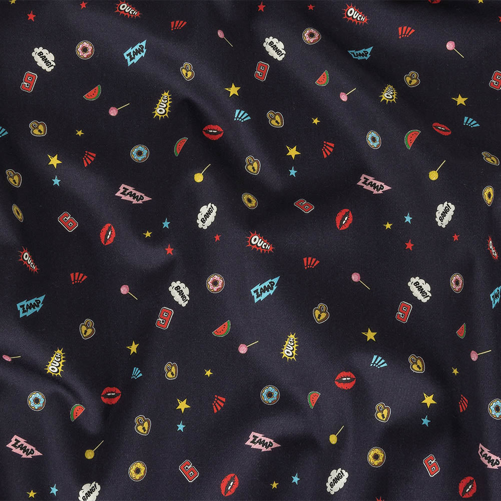 Stretch Cotton Sateen - Navy Pop Icons - Candy & Combat Print - Mood Exclusive Comic Collection - Joann Fabrics