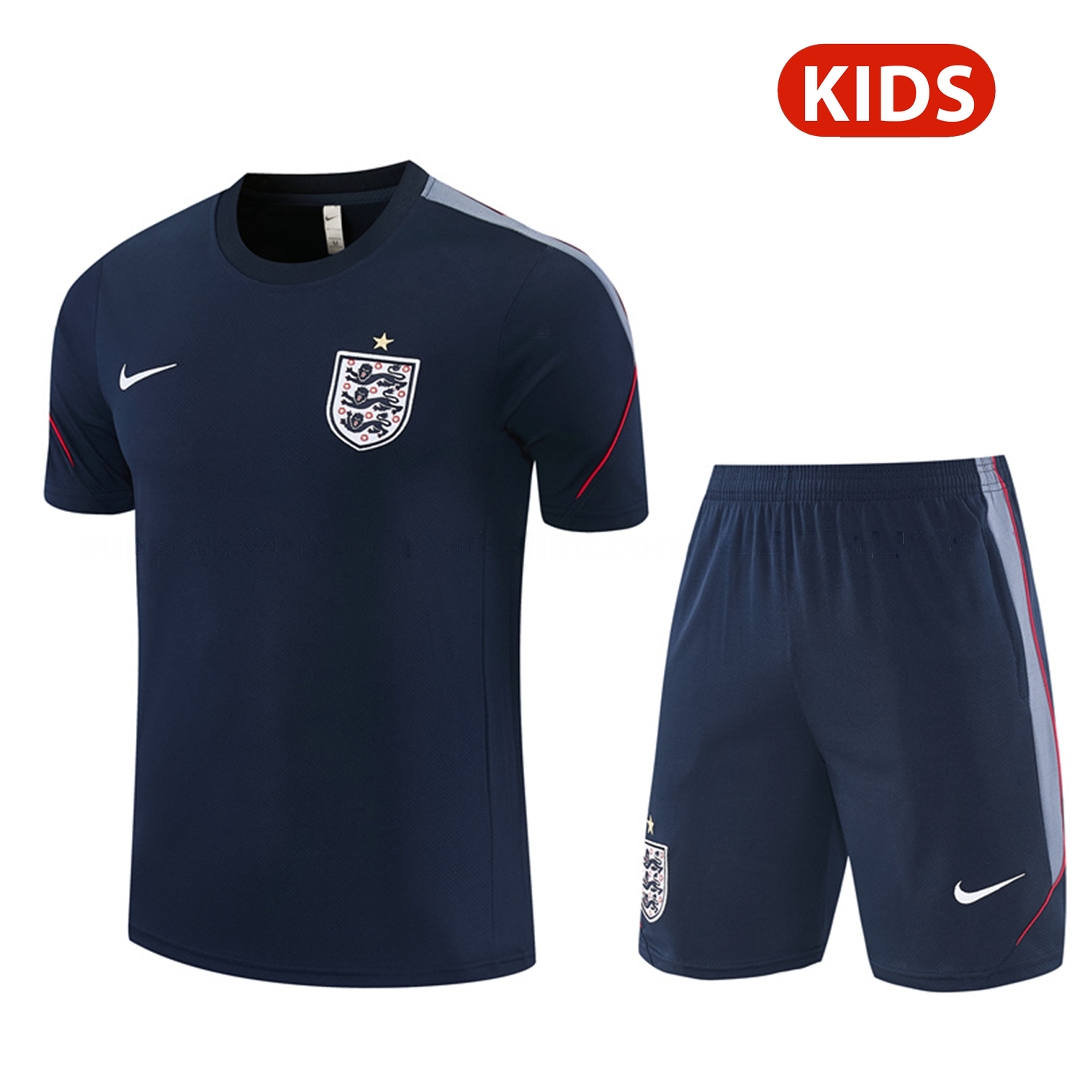 England 2026 Kids Short-Sleeve Training Set - Dark Blue Top & Dark Blue Pants - UnitedFutballJersey