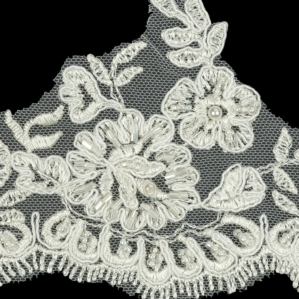 Off White Scalloped Floral Beaded and Corded Bridal Lace Trim - 3.5