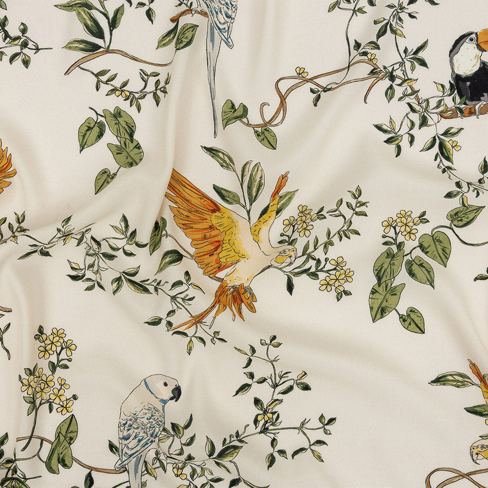 Sustainable Viscose Woven Print - Ivory and Green Birds in Branches - Mood Exclusive Avian Adoration - Joann Fabrics