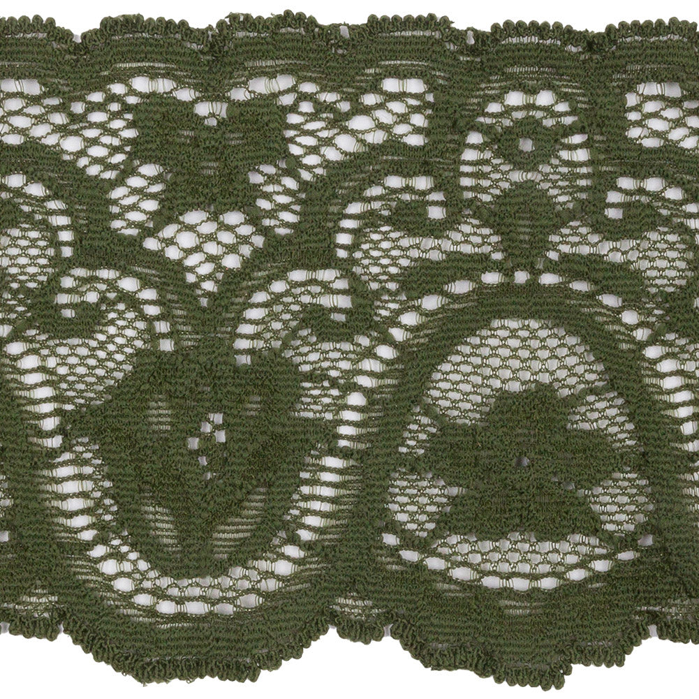 Spruce Floral Waves Stretch Lace Trim with Scalloped Edges - 2.875