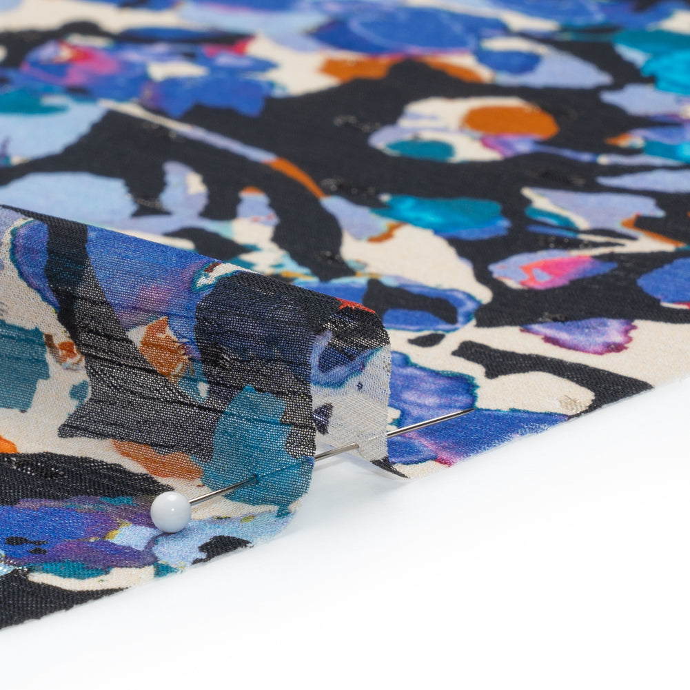 Crinkled Polyester Chiffon with Metallic Dots - Navy, Blue and Orange Abstracted Florals - Made in Italy - Joann Fabrics