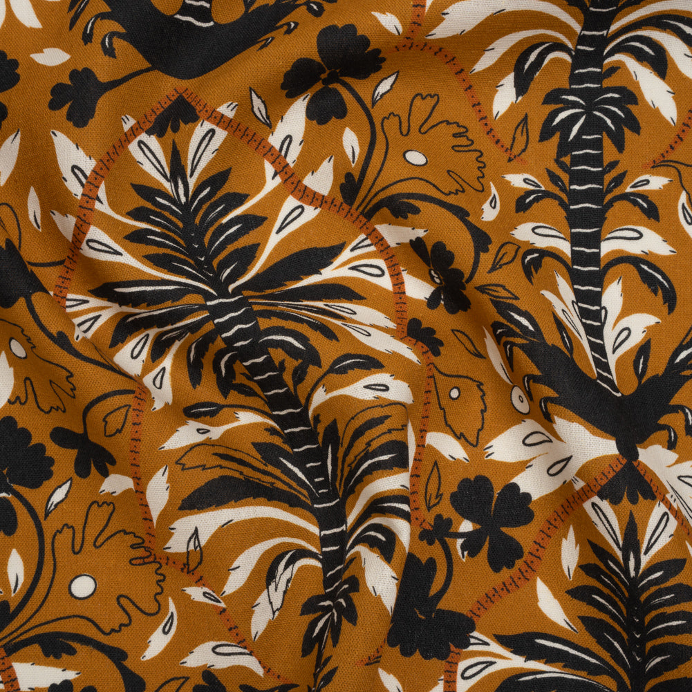 Linen and Rayon Woven - Burnt Orange, Black and White Palm Tree Stripes - Mood Exclusive Palm Prestige Print - Joann Fabrics