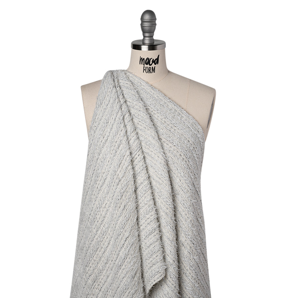 Metallic Wool Blend Tweed with Eyelash Fringe Made in Italy - White, Charcoal and Silver Stripes - Joann Fabrics