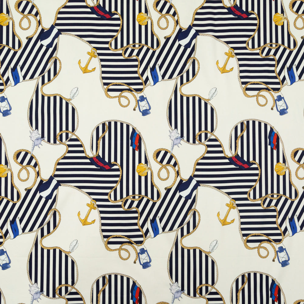 Stretch Cotton Sateen Panel - Ship Wheels and Stripes - Maritime Adornments Print - Mood Exclusive St. Tropez Collection - Joann Fabrics