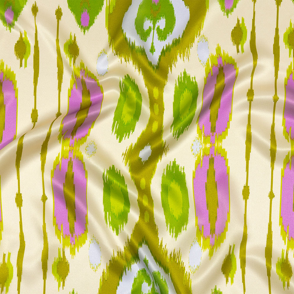 Italian Kiwi, Orchid and Beige Ikat Diamonds Silk Charmeuse - Joann Fabrics