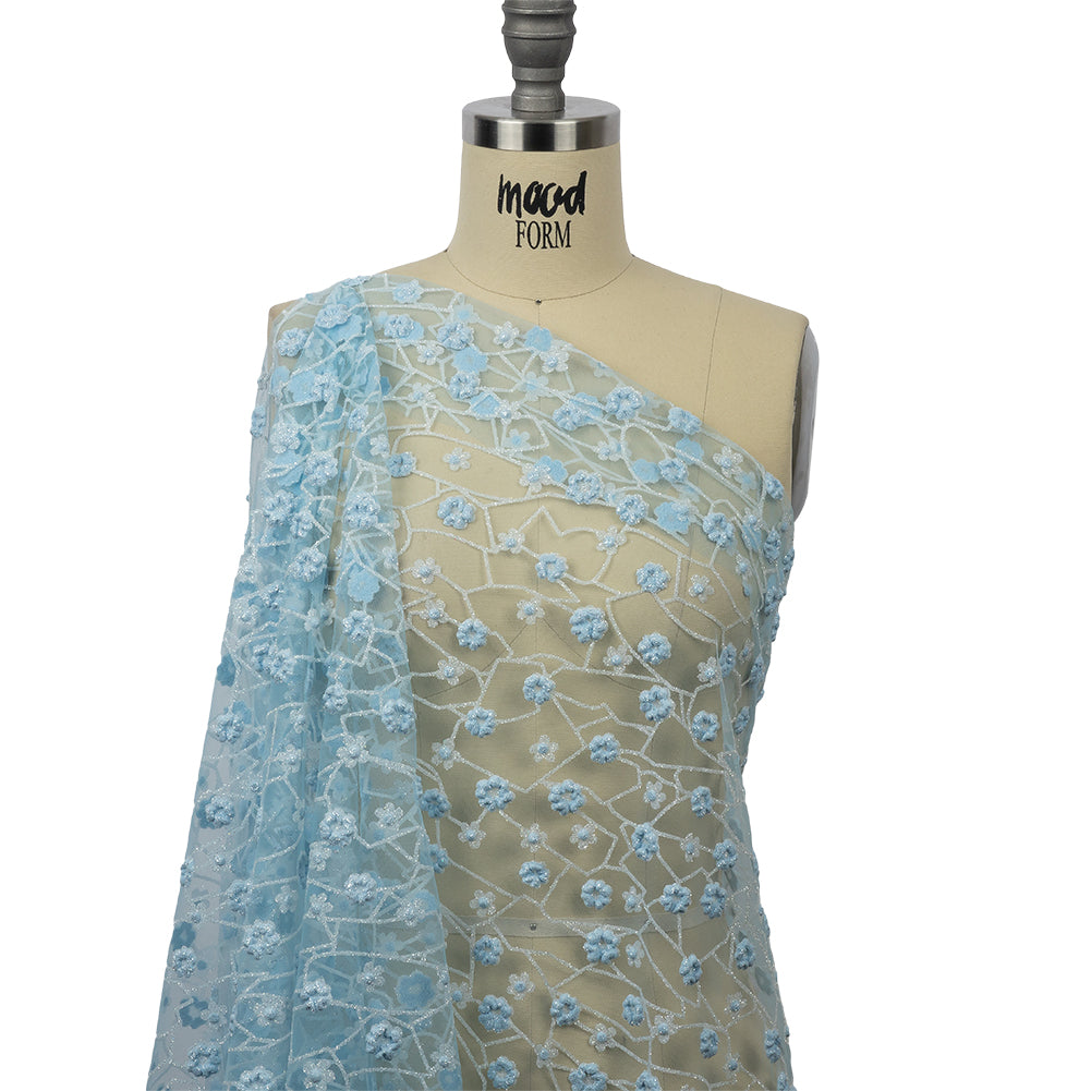 3D Puffy Glitter Tulle - Baby Blue and White Flowers and Geometric Stems - Joann Fabrics