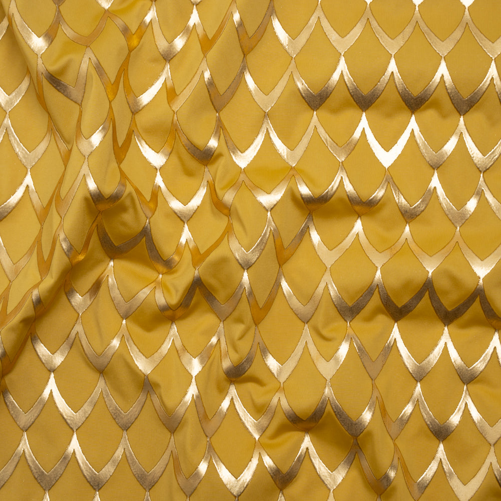 Yaya Han Stretch Polyester Jersey with Vinyl Puff Print - Mustard Yellow and Metallic Gold Dragon Scales - Cosplay Collection - Joann Fabrics