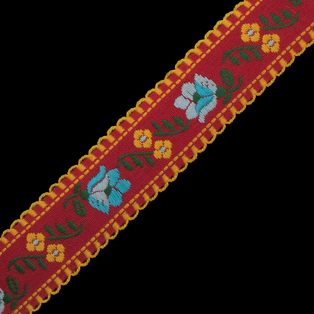 Red and Yellow Floral German Jacquard Ribbon - 1