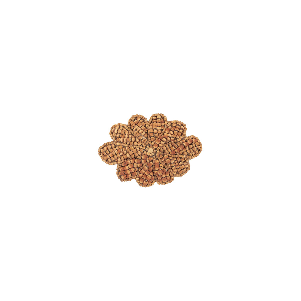Vintage Dark Natural Wood Beaded Floral Motif Applique - 2