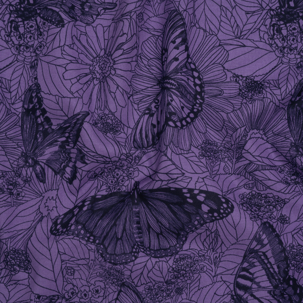 Printed Quilting Cotton by Anna Maria Textiles for Northcott - Blueberry Winging It Butterflies and Flowers - Indelible Ink Collection - Joann Fabrics