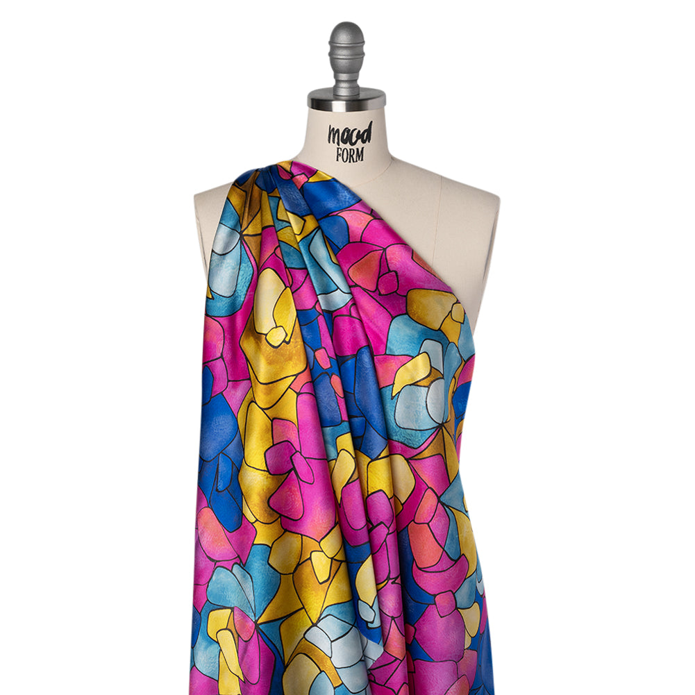 Silk Charmeuse Print 16MM, Made in Italy - Bright Pink, Golden Yellow and Blue Stained Glass Roses - Joann Fabrics