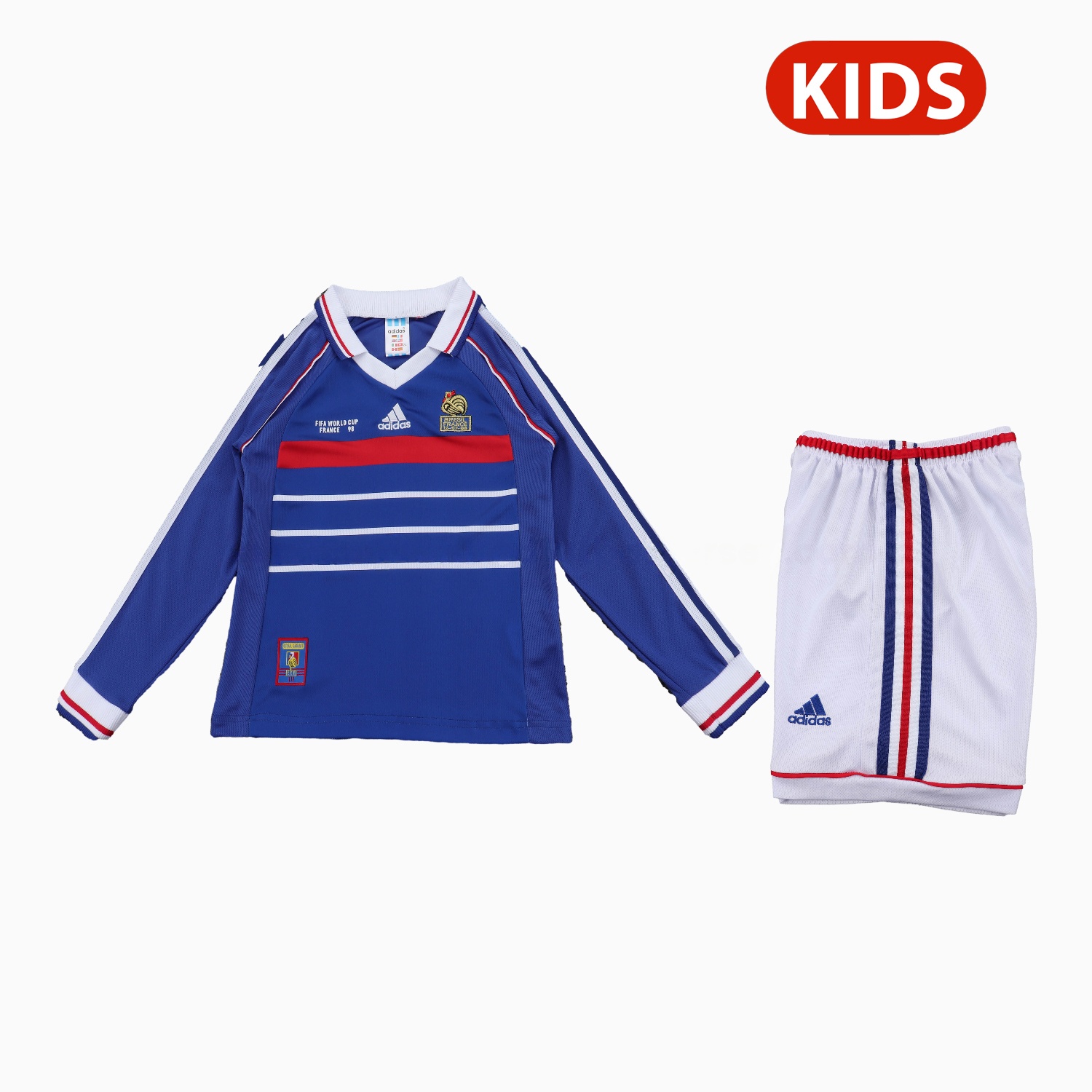 Retro France 1998 Home Long Sleeves Kids Kit - UnitedFutballJersey