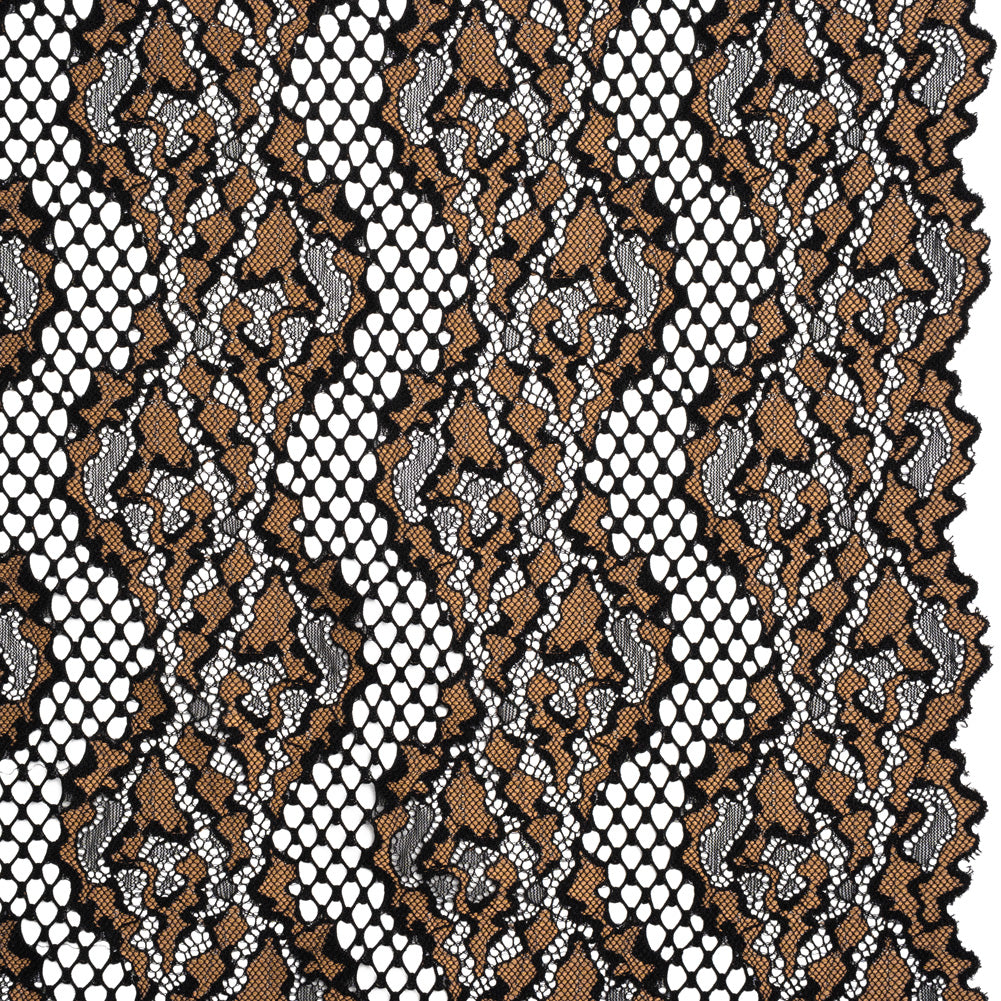 Raschel Lace with Organic Finished Edges - Black and Nude Abstract Wavy Stripes - Joann Fabrics