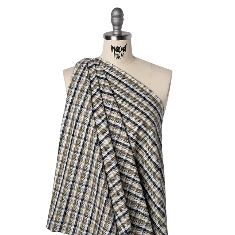 Cotton Oxford Shirting - Midnight Blue, Olive and White Plaid - Deadstock - Joann Fabrics