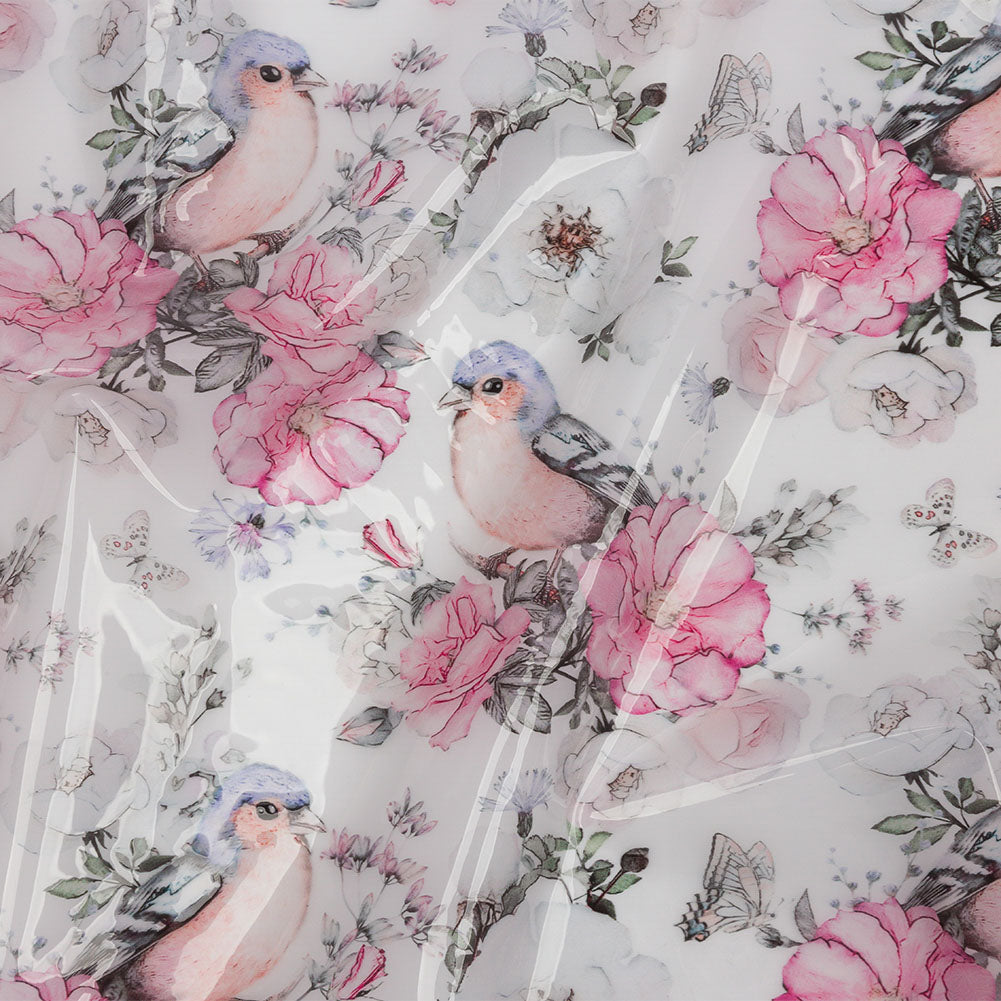 Pink, Blue and White Birds and Roses Lightweight Translucent Vinyl - Joann Fabrics