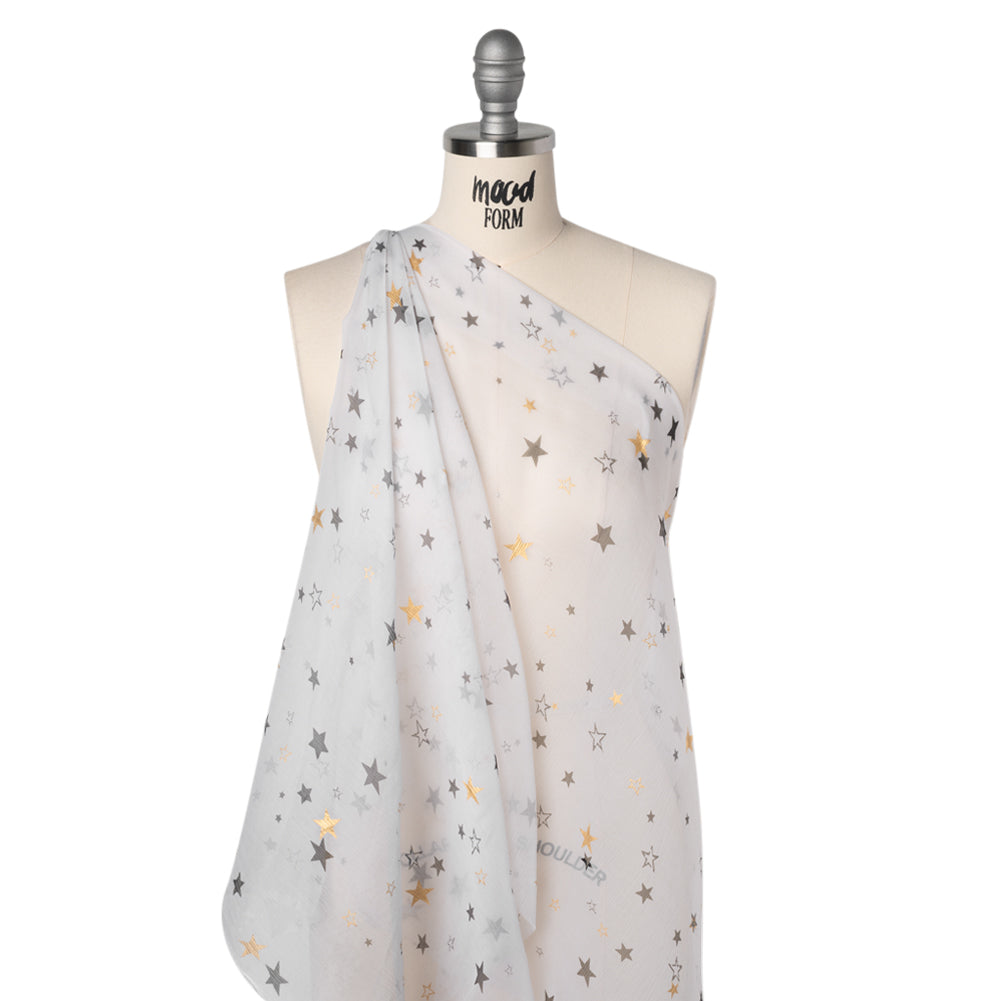 Crinkled Silk Chiffon Print - White, Black and Metallic Gold Stars - Deadstock - Joann Fabrics