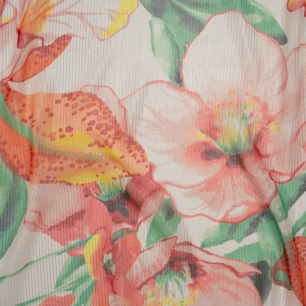 Polyester Chiffon with Metallic Gold Pinstripes - Bright Orange, Yellow and Green Brilliant Flowers and Orchids - Designer Deadstock - Joann Fabrics