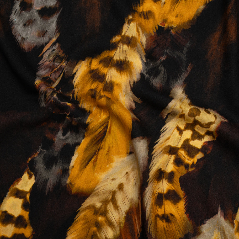 Viscose Crepe - Black, Dark Brown and Golden Yellow Feathers - Mood Exclusive Flight of Fire Print - Joann Fabrics