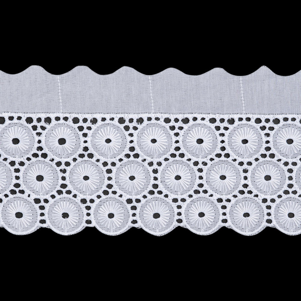 Cotton and Polyester Embroidered Eyelet Lace Trim with One Finished Scalloped Edge - 3.75