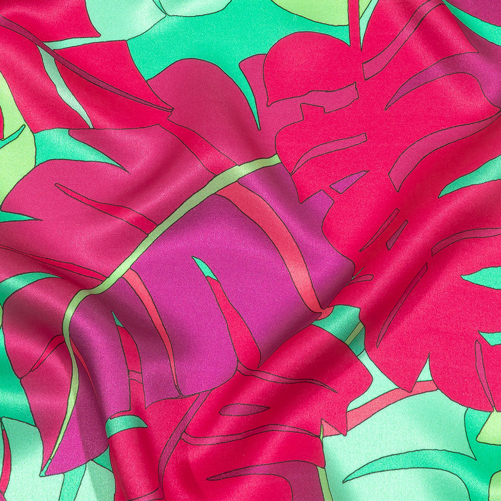 Italian Fuchsia, Hot Pink and Mint Jungle Leaves Silk Charmeuse - Joann Fabrics