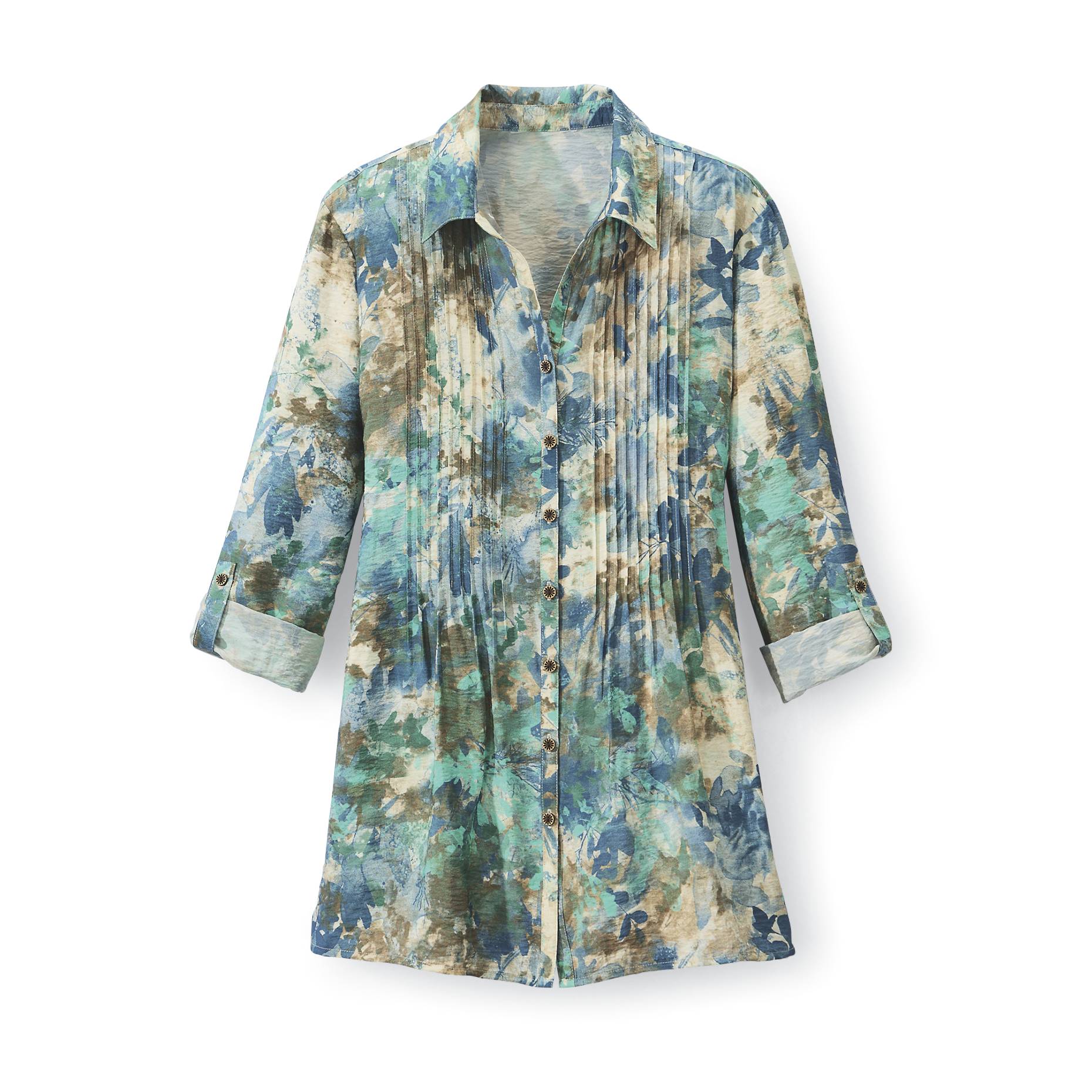 Botanical Crinkle Pintuck Shirt, Button Front, 3/4 Roll-Tab Sleeves - Northstyle Catalog