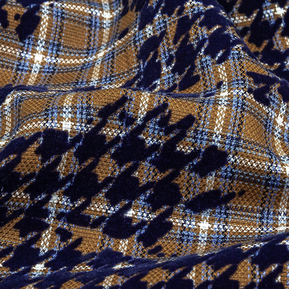 Navy, Tan and White Negative Space Florals in Flocked Houndstooth on Plaid Rustic Cotton and Polyester Woven - Joann Fabrics