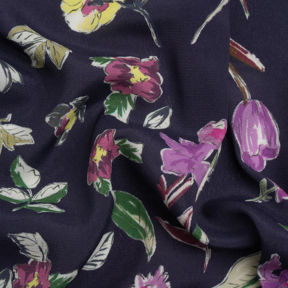 Sustainable Viscose Crepe Print - Purple, Navy, and Yellow Floral - Mood Exclusive Tulip Fever - Joann Fabrics