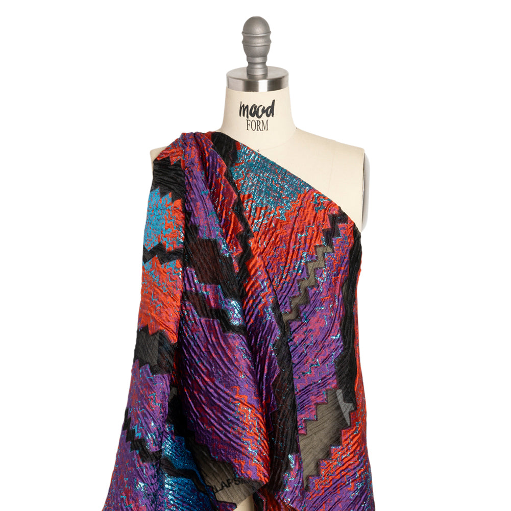 Metallic Turquoise, Brick and Purple Drifting Rifts Crinkled Luxury Burnout Brocade - Joann Fabrics