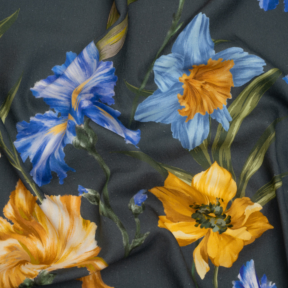 Linen and Rayon Woven - Charcoal, Blue and Goldenrod Yellow Painted Flowers - Mood Exclusive Spring Storm Print - Joann Fabrics