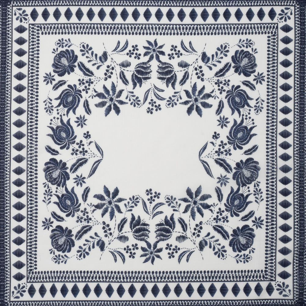 Crinkled Cotton Gauzy Woven Panel - White and Navy Blue Big Floral Embroidery Squares - Mood Exclusive Porcelain Petals Print - Joann Fabrics