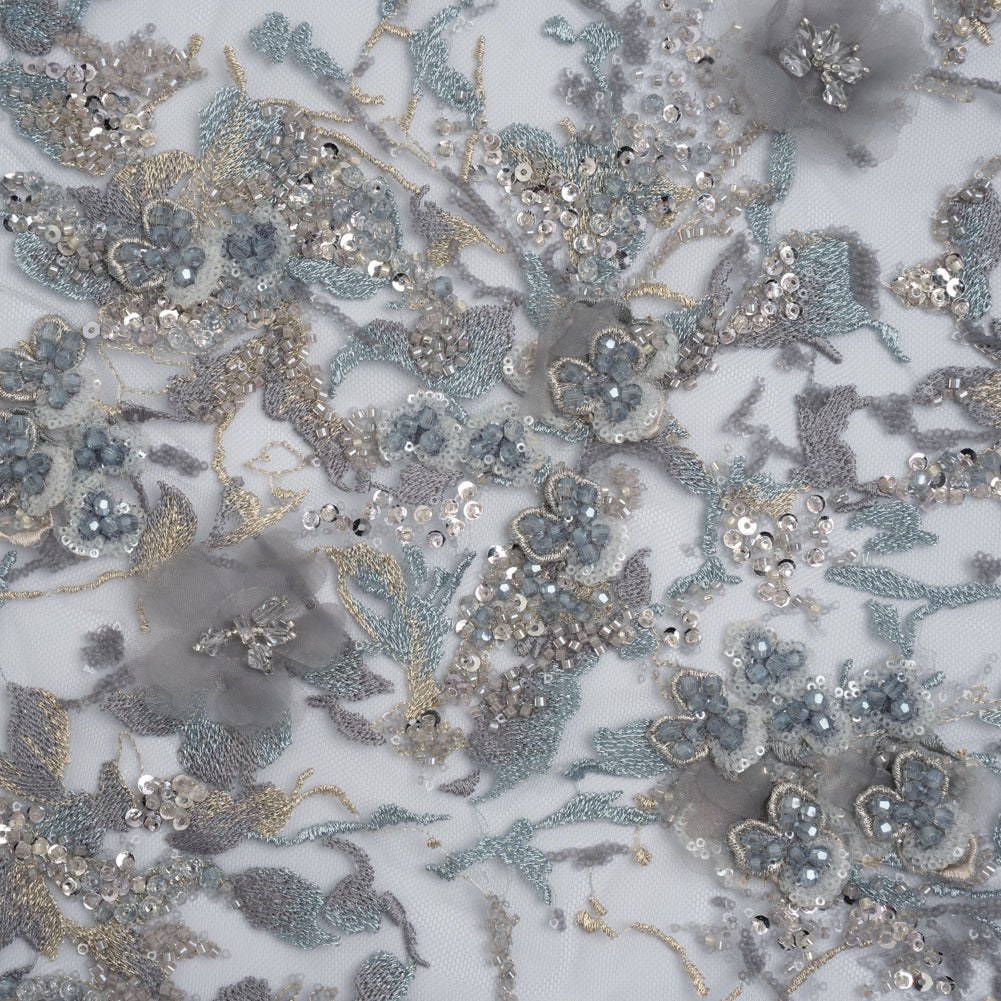 Embroidered and Beaded Tulle with 3D Satin Flowers - Light Blue, Lilac, and Gold Flowering Branches - Joann Fabrics