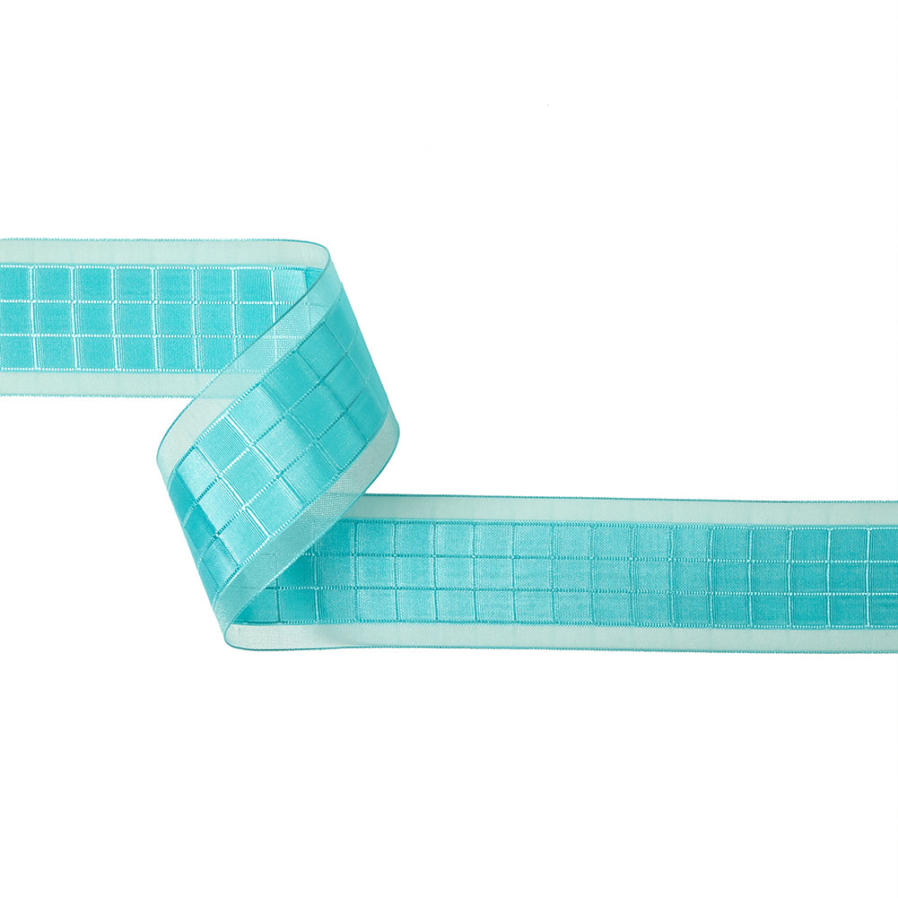 Turquoise Windowpane Checks and Sheer Borders Woven Ribbon - 1.5