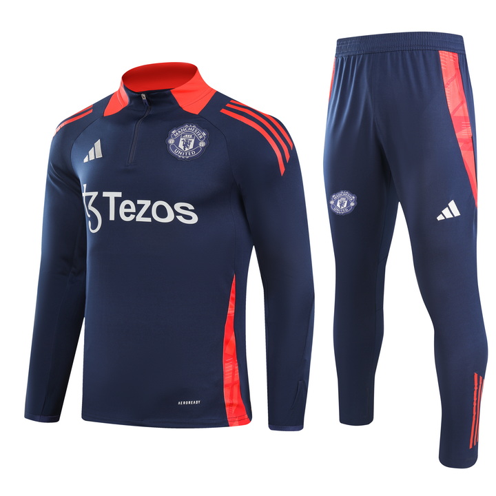 2024/2025 Manchester United Half-Pull Training Suit Royal blue red collar Football Shirt 1:1 Thai Quality Set