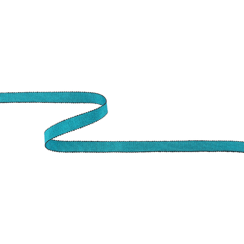 Cerulean Blue and Black Shiny Petersham Grosgrain Ribbon - 0.375
