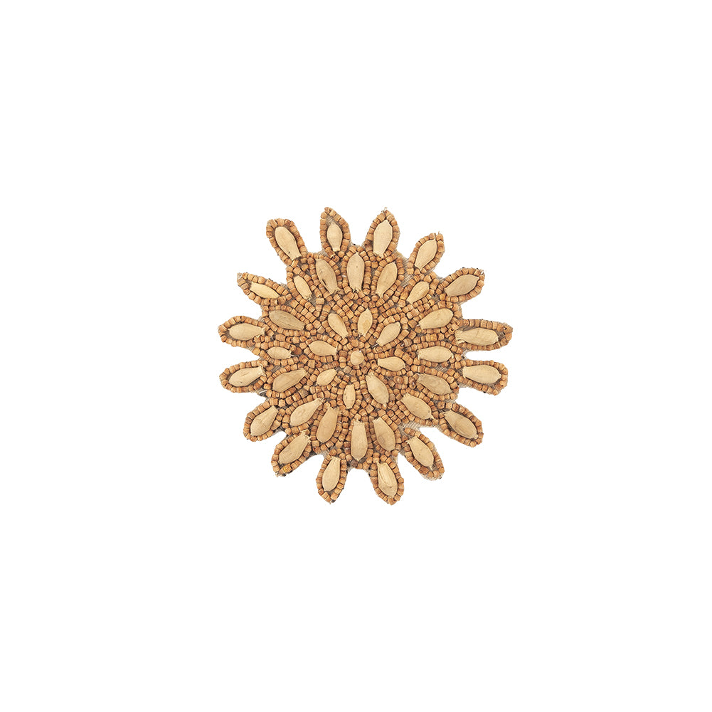 Vintage Natural and Chestnut Wood Beaded Abstract Floral Applique - 3.5