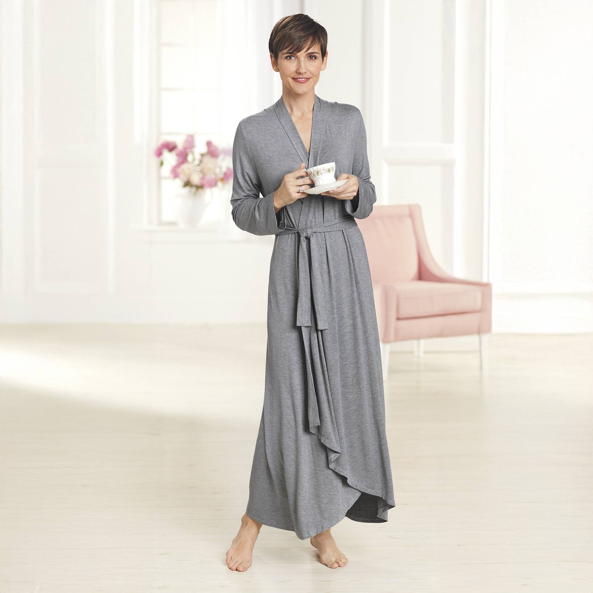 Soft Bamboo Knit Wrap Robe, Tie Belt, Low-Hi Hem - Northstyle Catalog
