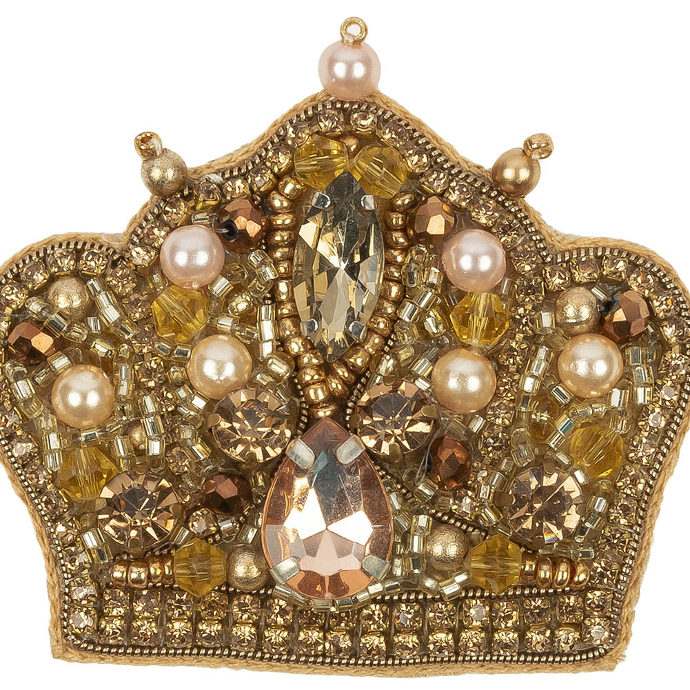 Gold and Pinkish Beige Crown Rhinestone and Glass Beaded Applique - 2