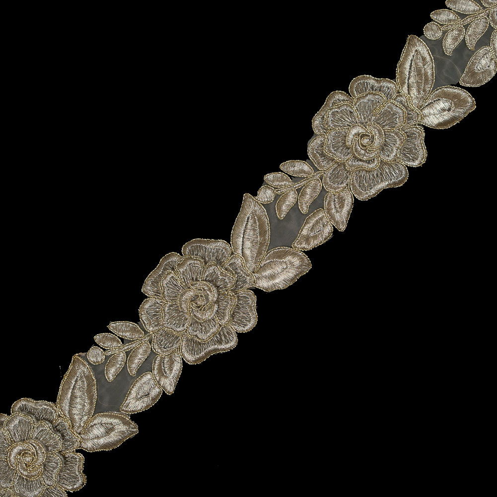 3D Metallic Gold Re-Embroidered Floral Organza Trim - 2.25