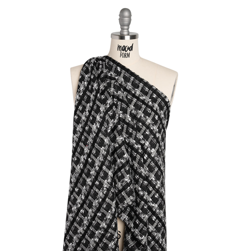 Wool Blend Tweed with Metallic Eyelash Fringe - Black and White Plaid - Deadstock - Joann Fabrics