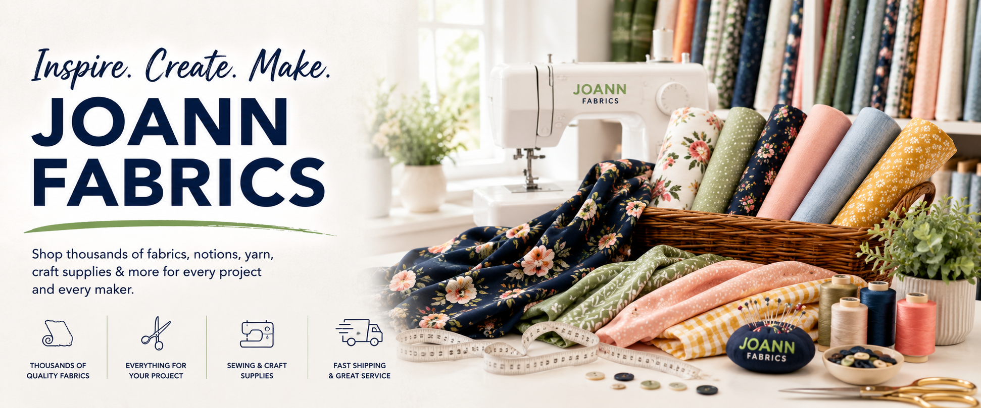 Joann Fabric collection featuring colorful fabrics, sewing supplies, thread, notions, and craft essentials for creative projects.