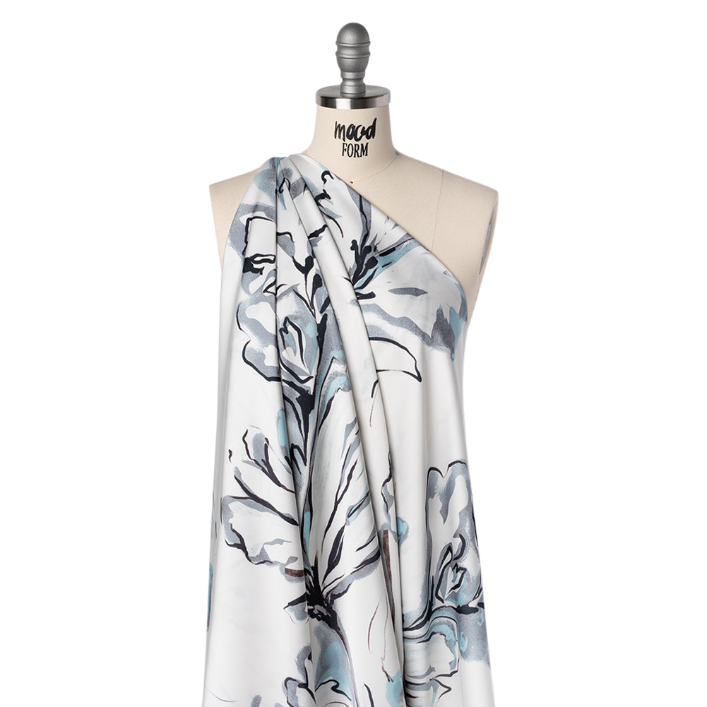 Polyester Satin - White, Gray and Sky Blue Inky Florals - Mood Exclusive Atamasco Ink Print - Joann Fabrics