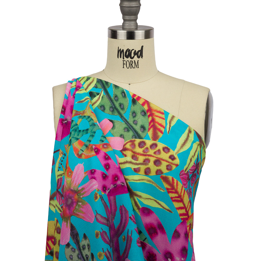 Slubbed Viscose Woven Print - Turquoise, Pink and Green Floral - Mood Exclusive Extraterrestrial Tropics - Joann Fabrics