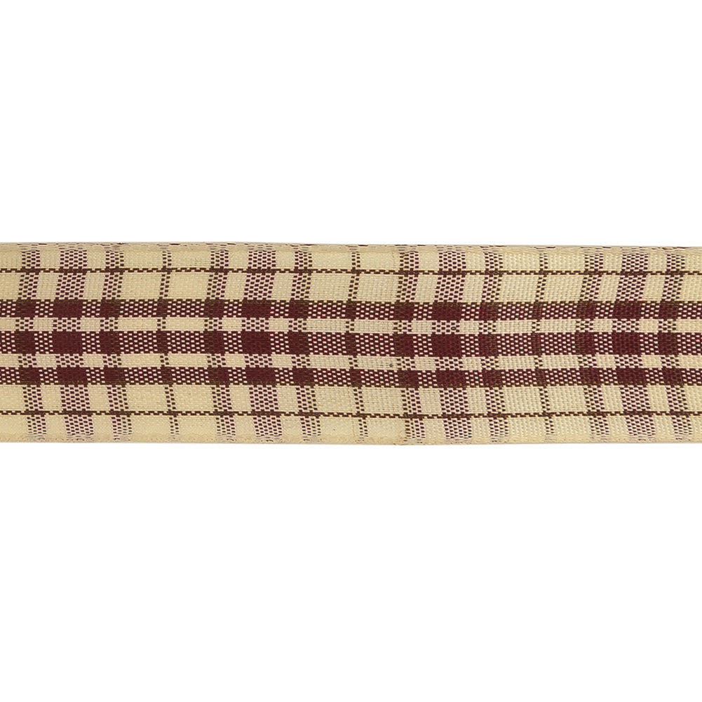 Burgundy, Brown and Vanilla Ice Plaid Woven Ribbon - 1