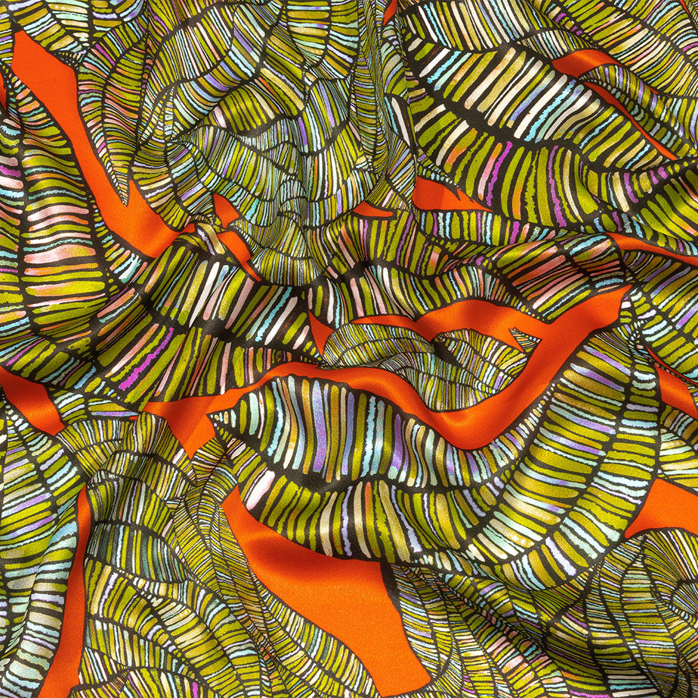 Italian Red, Olive and Purple Intricate Leaves Silk Charmeuse - Joann Fabrics