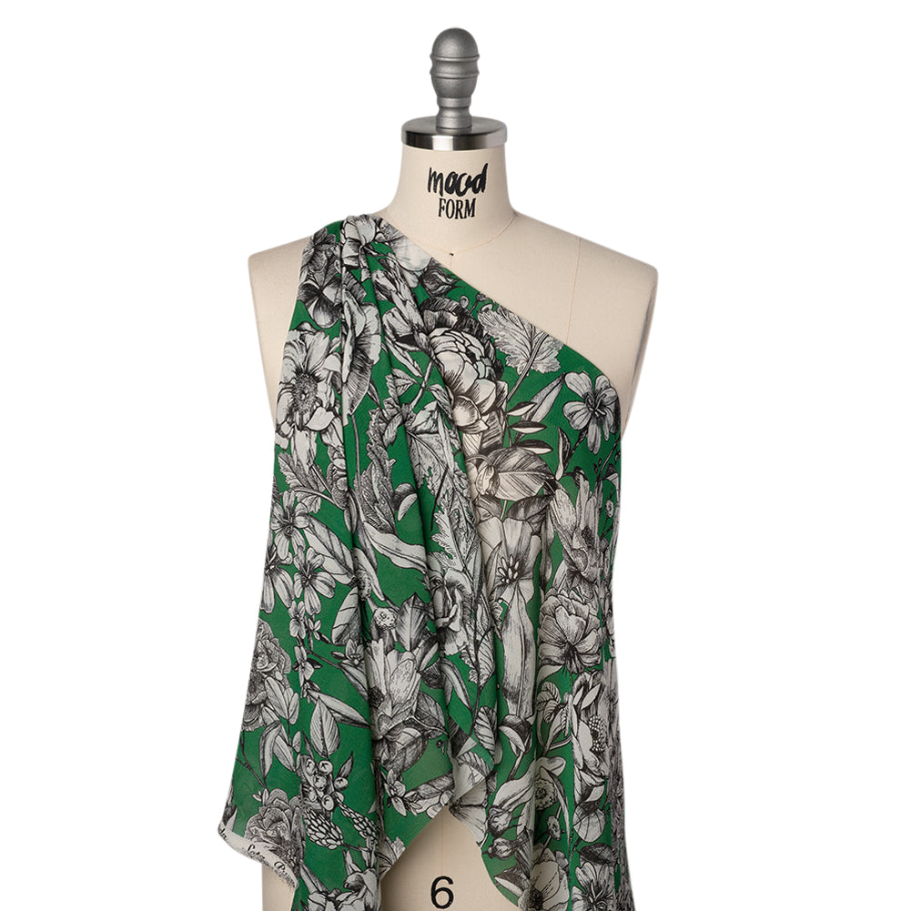 Lightweight Silk Pique Print Made in Italy - Kelly Green, Black and White Flowers - Deadstock - Joann Fabrics