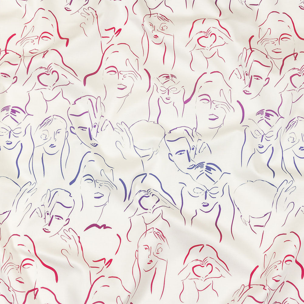 Stretch Cotton Sateen - Purple, Pink and Blue Faces and Hands - Language of Love Print - Mood Exclusive Pride Collection - Joann Fabrics